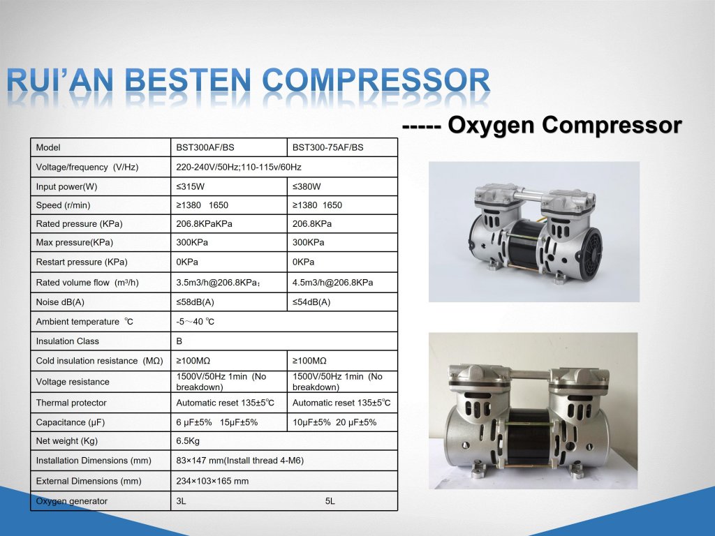 Oil free air compressor for oxygen generator