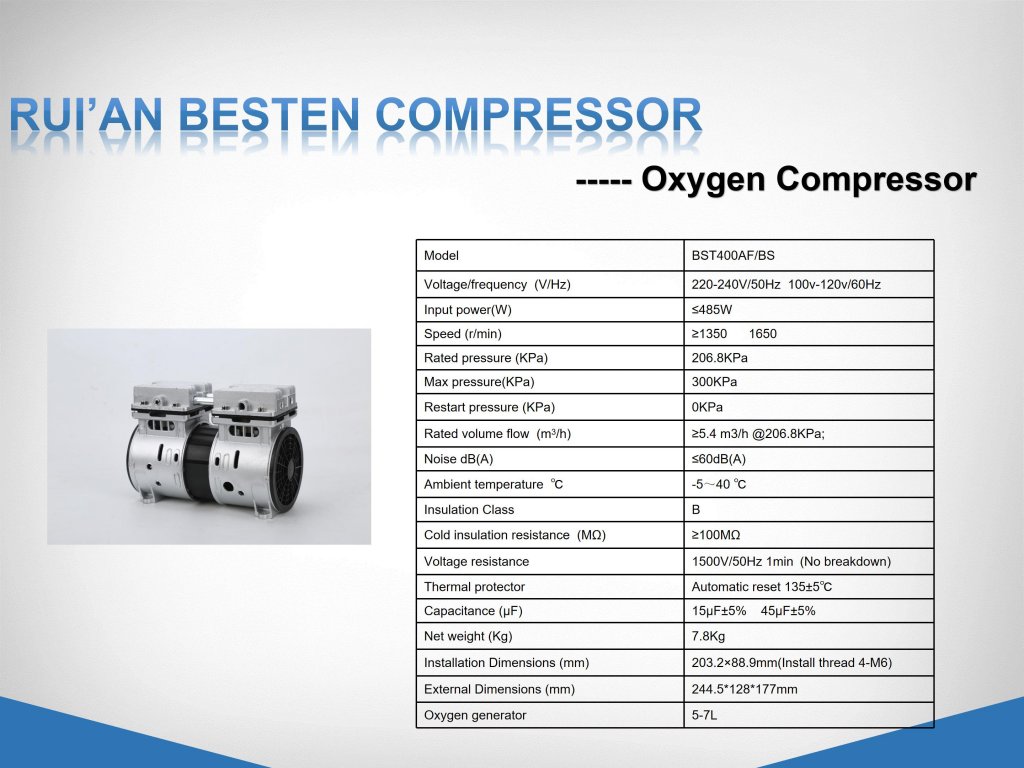 Oil free air compressor for oxygen generator