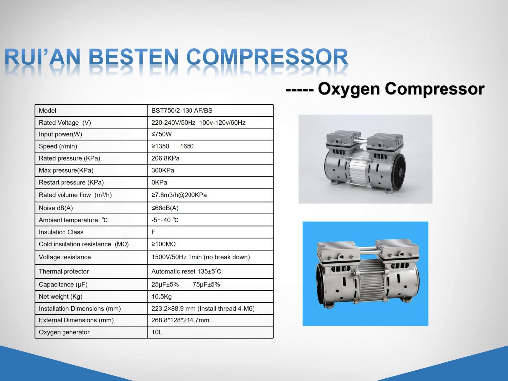 Oil free air compressor for oxygen generator