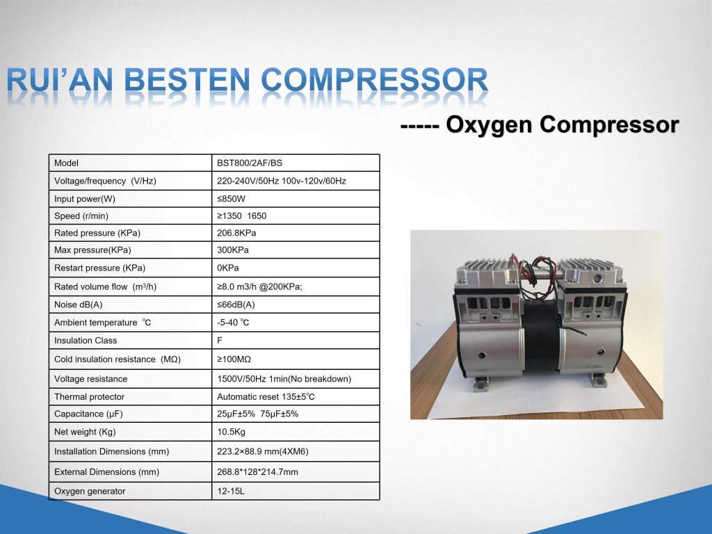 Oil free air compressor for oxygen generator