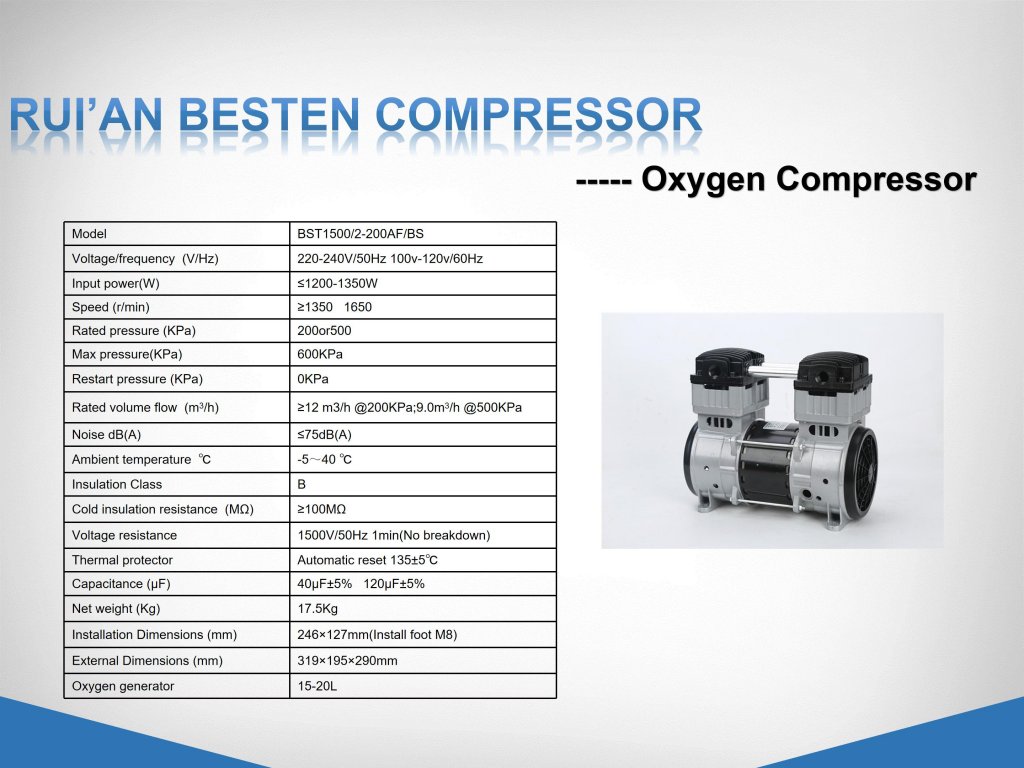 Oil free air compressor for oxygen generator