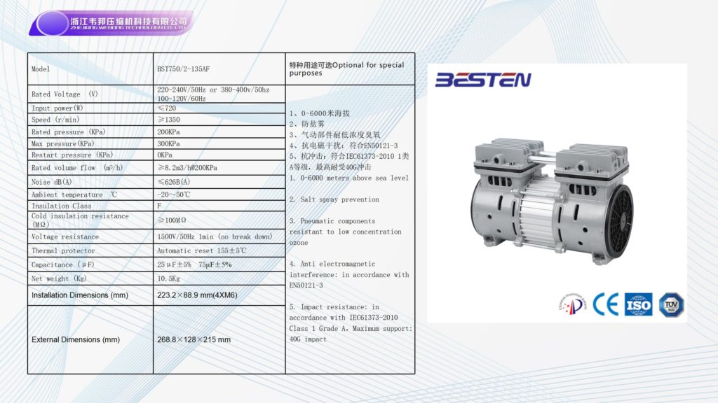 BSTEN特种空压机AC 220V/110V/380V高端大型静音交流无油空压机BST750 AF/BS