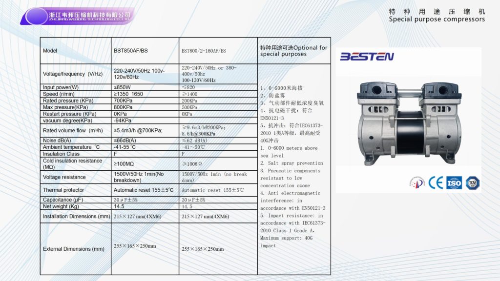 BSTEN特种空压机AC 220V/110V/380V欧美出口高品质实验室专业耐用高寿命BST850AF/BS
