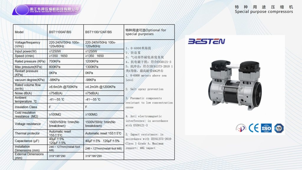 BSTEN特种空压机AC 220V/110V/380V大排量无水洁净工业用润滑空气压缩机BST1100AF/BS
