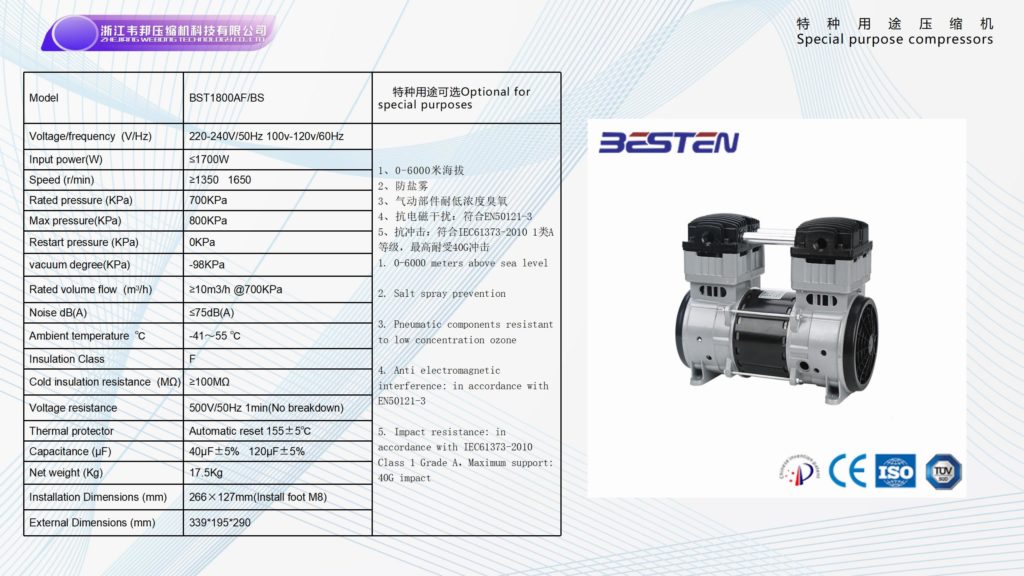 BSTEN特种空压机活塞式耐高温无油空压机交流AC 220V/110V/380V气泵BST1800AF/BS