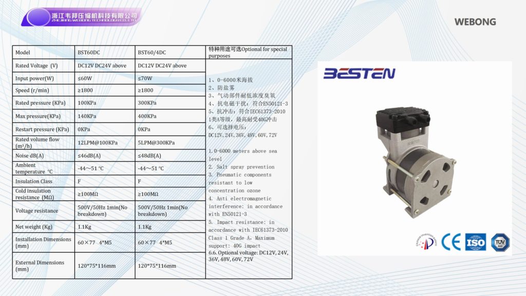 BSTEN特种空压机活塞式耐高温无油空压机直流DC12V/24V/36V/48V/60V/72V/96V/110V/270V/540V耐用BST60DC