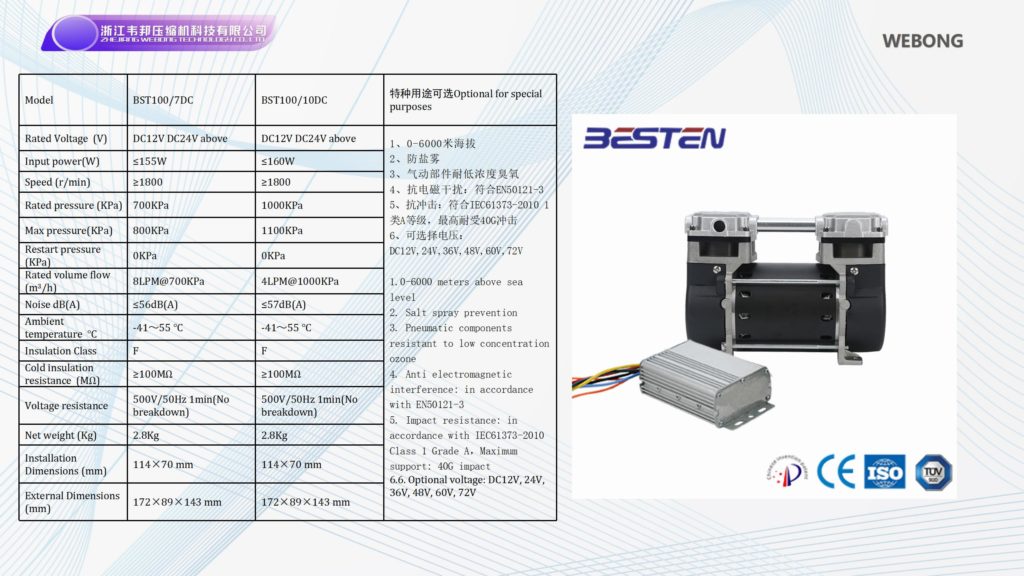 BSTEN特种空压机直流DC12V/24V/36V/48V/60V 呼吸机医用牙科用BST100/7DC