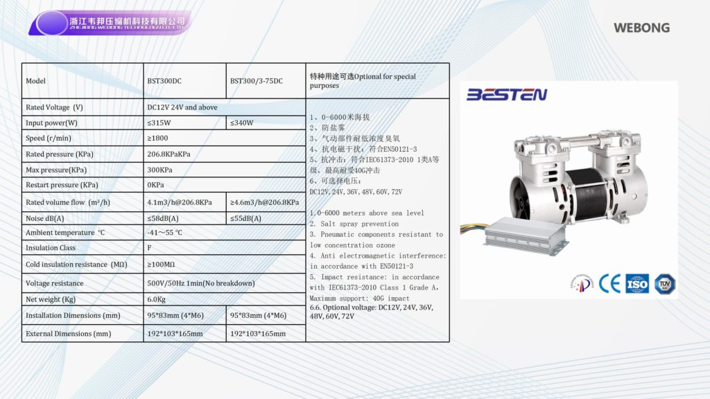 BSTEN特种空压机直流空气无油空压机DC72V/96V/110V/270V/540V耐用高寿命BST300DC