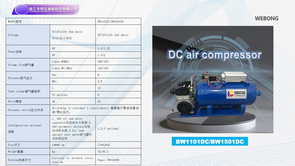 BSTEN 整机空气压缩机DC12V/24V/36V/48V/60V/72V/96V/110V/270V/540V大型便捷静音直流耐高温BW1101DC