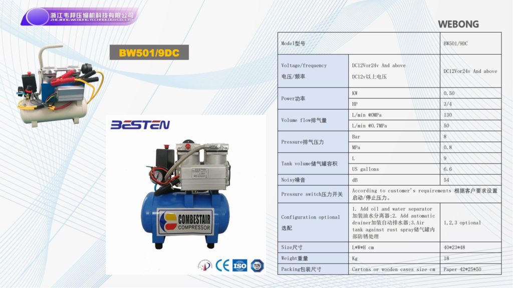 BSTEN 整机空气压缩机DC12V/24V/36V/48V/60V/72V/96V/110V/270V/540V呼吸机医用牙科用车载用列车用BW501/9DC