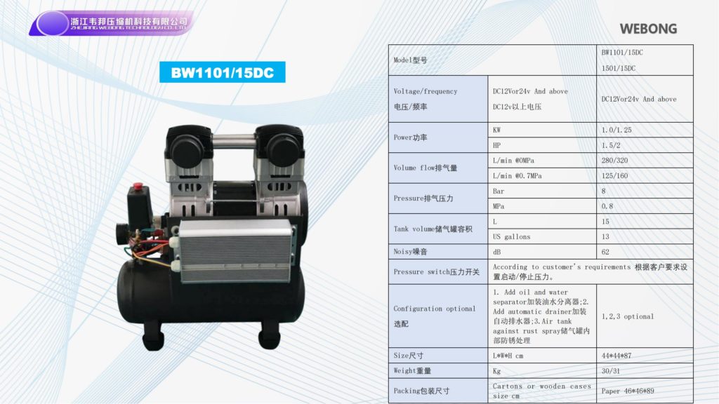 BSTEN 整机空气压缩机DC12V/24V/36V/48V/60V/72V/96V/110V/270V/540V实验室专业耐用高寿命气泵火车用高原用BW1101/15DC