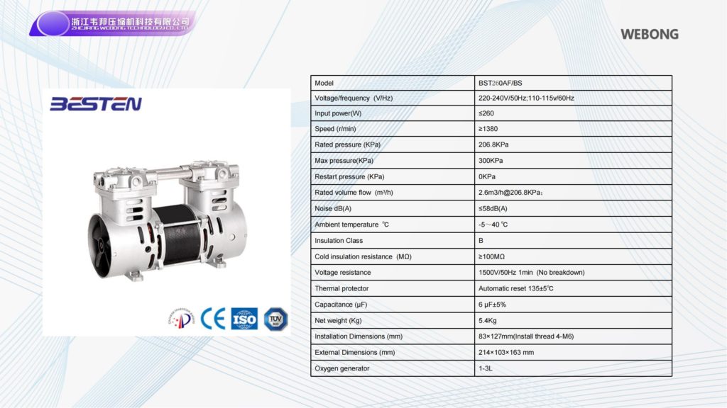 BSTEN 制氧机静音无油空压机交流AC 220V/110V/380V实验室专业耐用高寿命气泵火车用BST260AF/BS