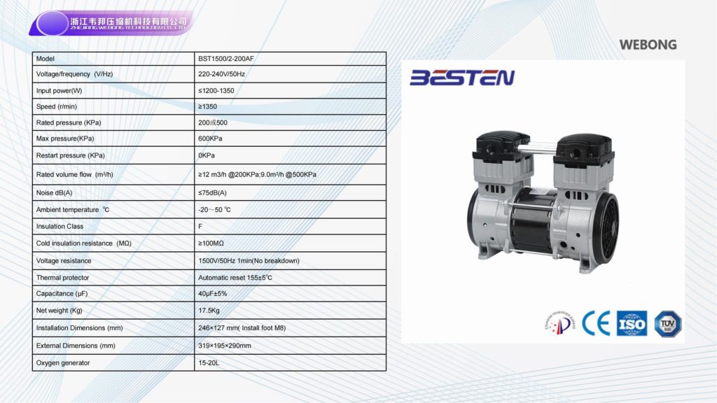 BSTEN 制氧机静音无油空压机交流AC 220V/110V/380V实验室专业耐用高寿命气泵BST1500/2-200AF