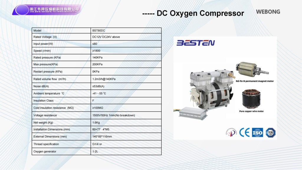 BSTEN 制氧机静音无油空压机直流DC12V/24V/36V/48V/60V/72V/96V/110V/270V/540V制氧机呼吸机医用牙科用BST80DC