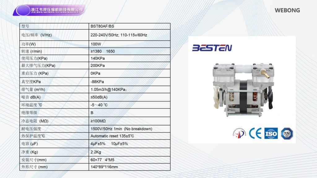 BSTEN 空压机机头交流AC 220V/110V/380V呼吸机医用牙科用车载用列车用空气压缩机大排量无水洁净BST80AF/BS