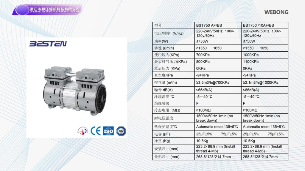 BSTEN 空压机机头交流AC 220V/110V/380V高端特种 呼吸机医用牙科用BST750AF/BS