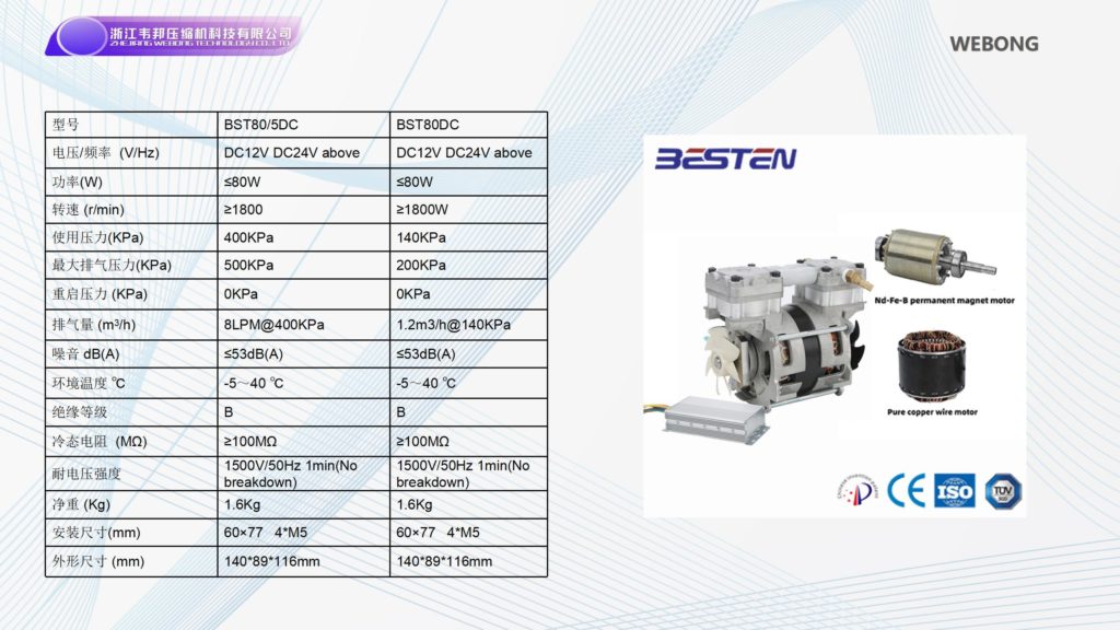 BSTEN 空压机机头直流DC12V/24V/36V/48V/60V/72V/96V/110V/270V/540V军工用 高端特种小型BST80/5DC