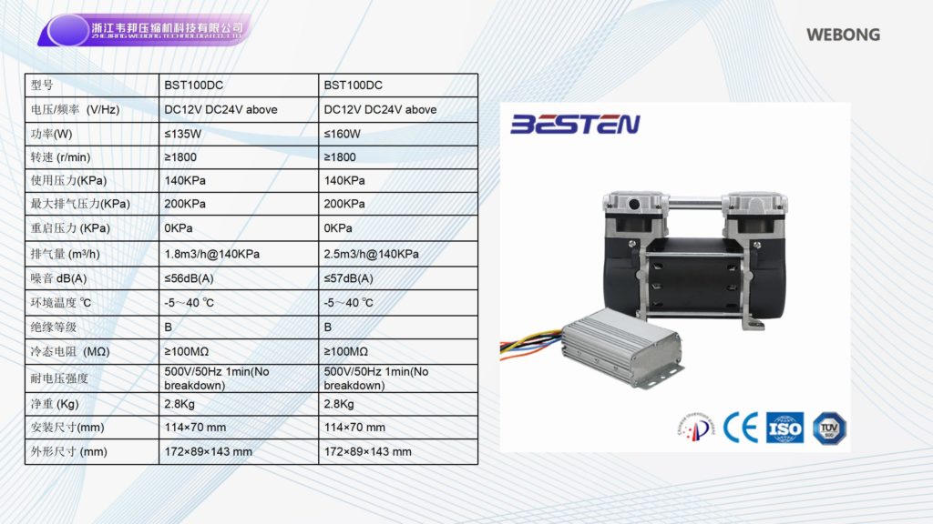 BSTEN 空压机机头直流DC12V/24V/36V/48V/60V/72V/96V/110V/270V/540V静音耐高温无油空压机专业耐用高寿命BST100DC