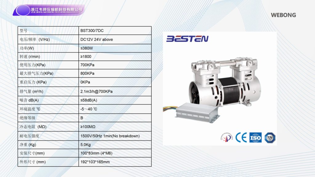 BSTEN 空压机机头直流DC12V/24V/36V/48V/60V/72V/96V/110V/270V/540V大排量无水洁净 高品质实验室专业耐用BST300/7DC