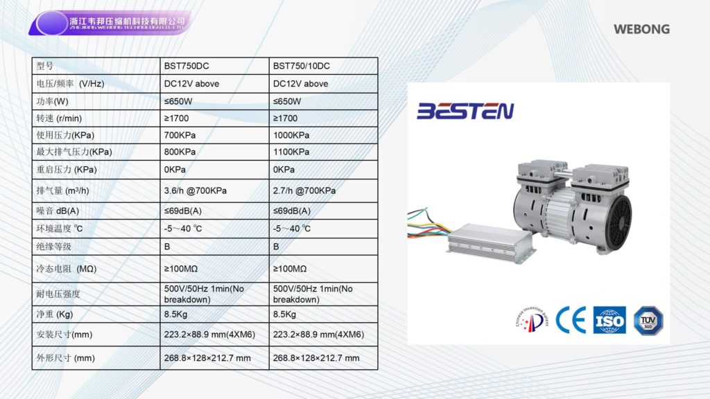 BSTEN 空压机机头直流DC12V/24V/36V/48V/60V/72V/96V/110V/270V/540V大排量无水洁净工业用润滑欧美出口高品质实验室用BST750DC